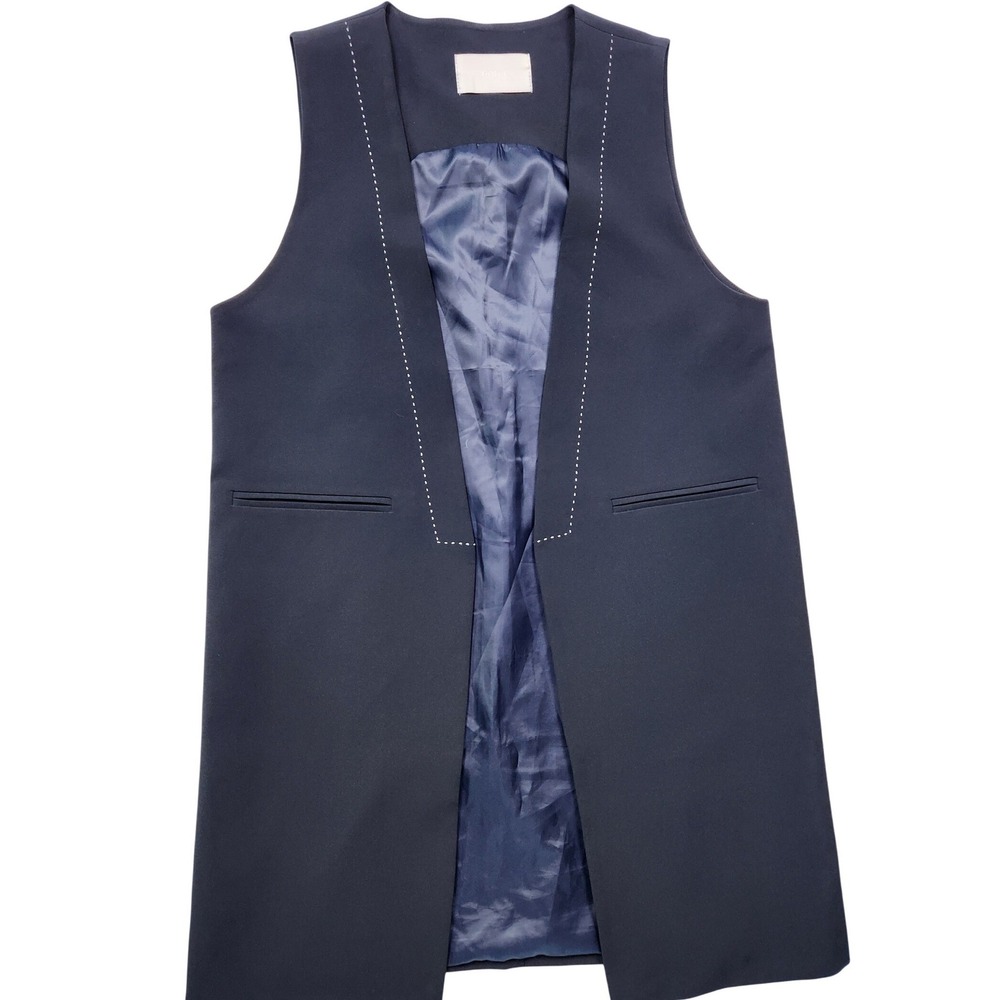 IoneI‎ Open Front Sleek Longline Sleeveless Vest Navy Blue Contrast Stitching